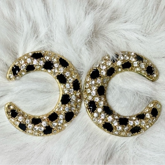 Vintage Rhinestone Crystal and Black Enamel Earrings - Picture 4 of 17